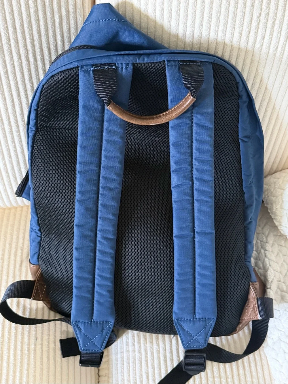 Fossil Blue Nylon Backpack with Brown Leather Base